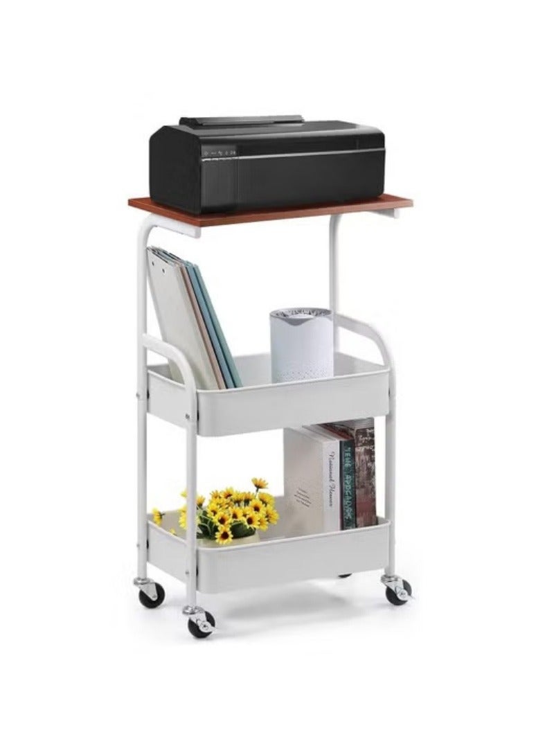 اكسيسن رفوف متحركة منظمة عربة معدنية ، مع طاولة خشبية ، منظمة تخزين متعددة الوظائف  عربة تخزين مطبقية مطبخ طاوله وعربه للمطبخ والحمام وغرفة المعيشة والمكتب (بيضاء) - Image 1